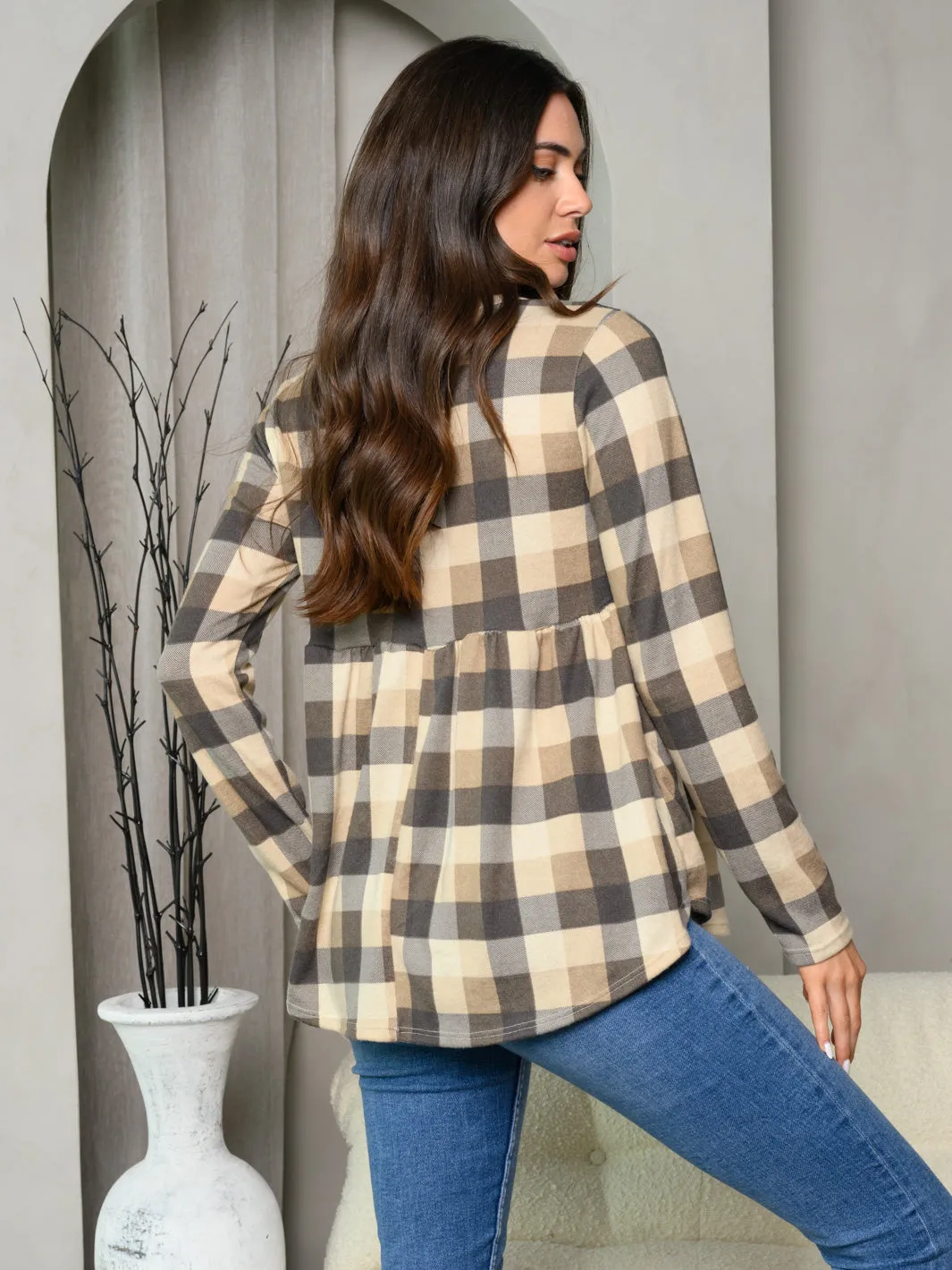 WOMEN'S LONG SLEEVE BUTTON TRIM V-NECK GINHAM BAYDOLL TOP