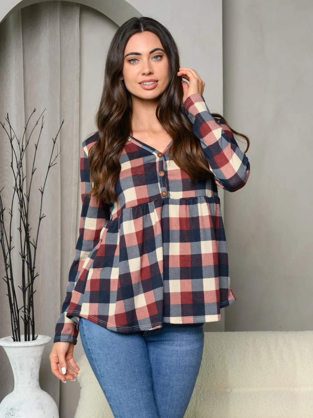 WOMEN'S LONG SLEEVE BUTTON TRIM V-NECK GINHAM BAYDOLL TOP