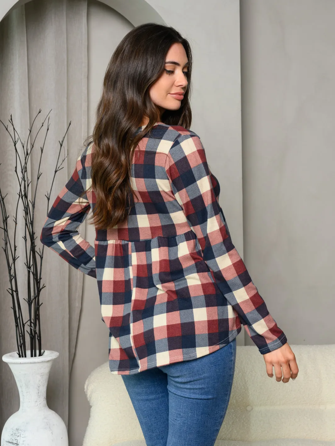 WOMEN'S LONG SLEEVE BUTTON TRIM V-NECK GINHAM BAYDOLL TOP