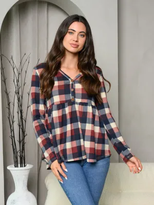 WOMEN'S LONG SLEEVE BUTTON TRIM V-NECK GINHAM BAYDOLL TOP