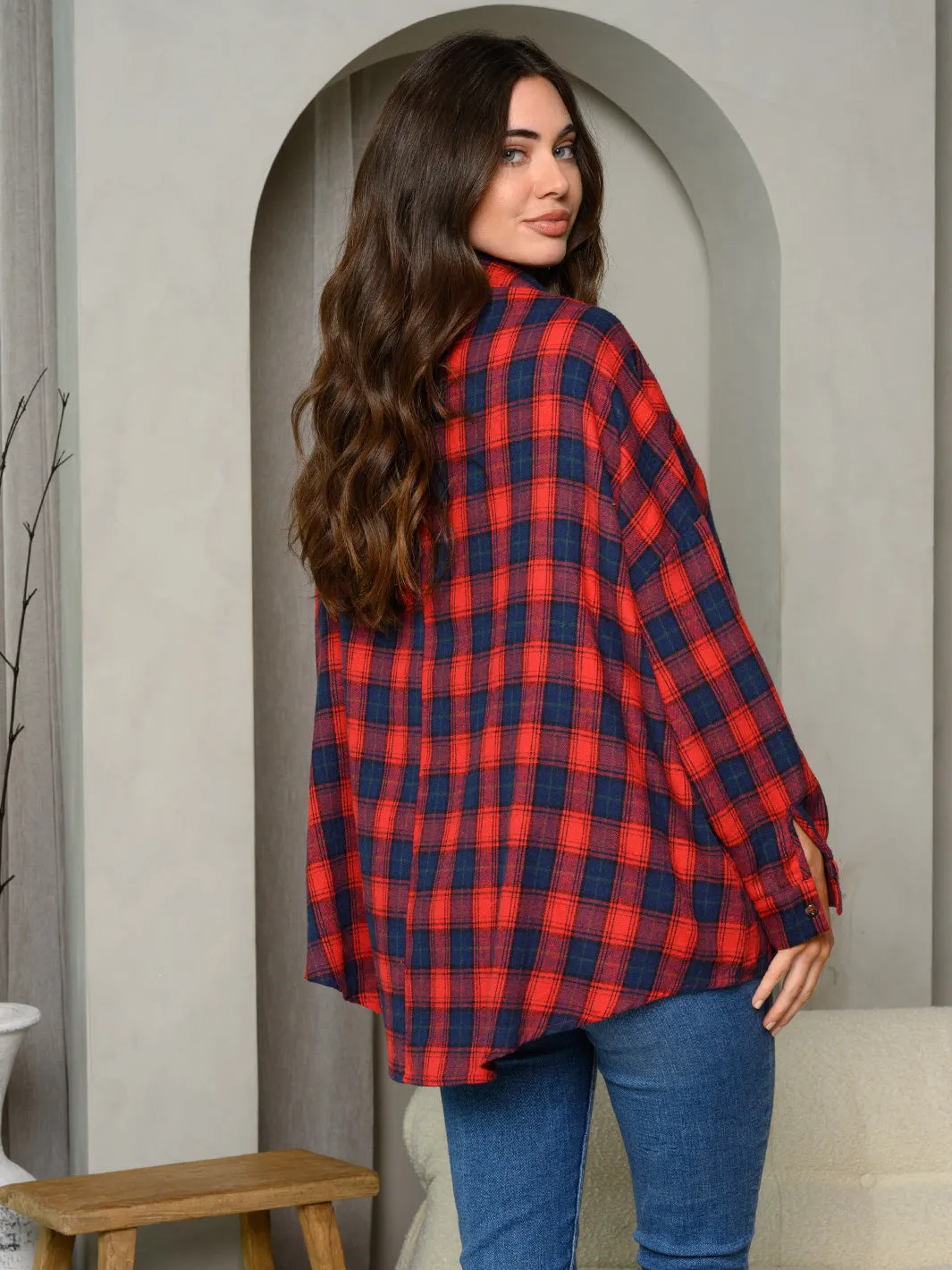 WOMEN'S LONG SLEEVE BUTTON UP PLAID TOP