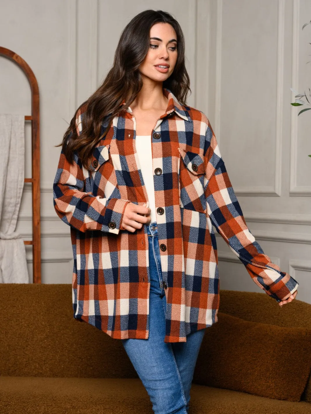 WOMEN'S LONG SLEEVE BUTTON UP PLAID TOP