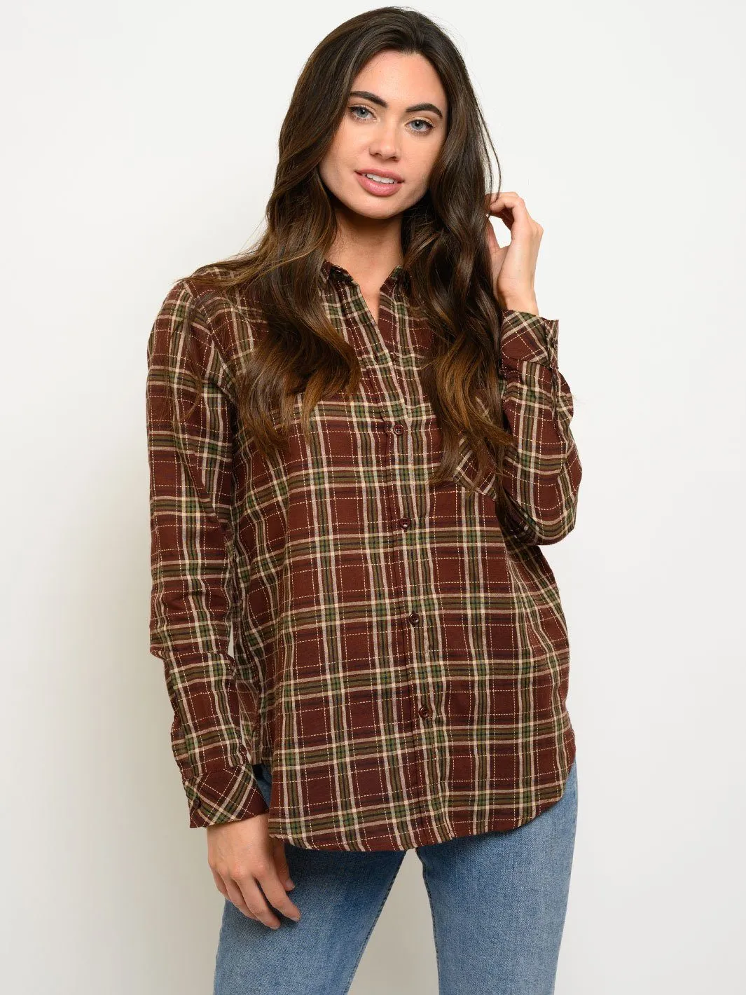 WOMEN'S LONG SLEEVE BUTTON UP PLAID TOP