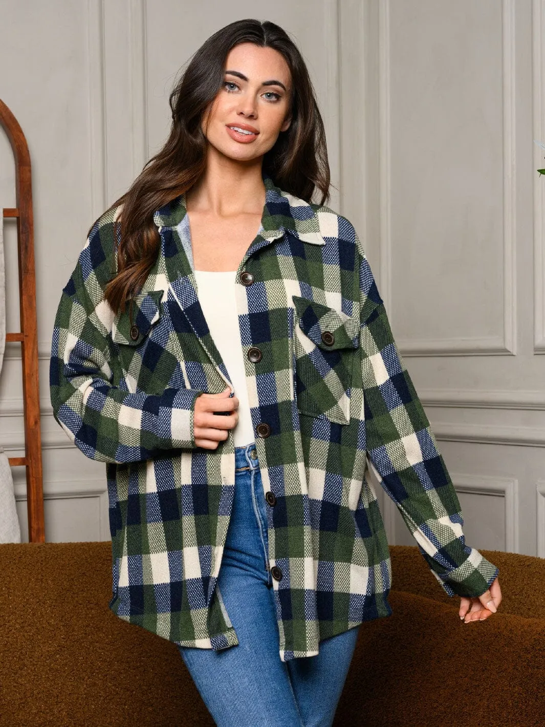 WOMEN'S LONG SLEEVE BUTTON UP PLAID TOP