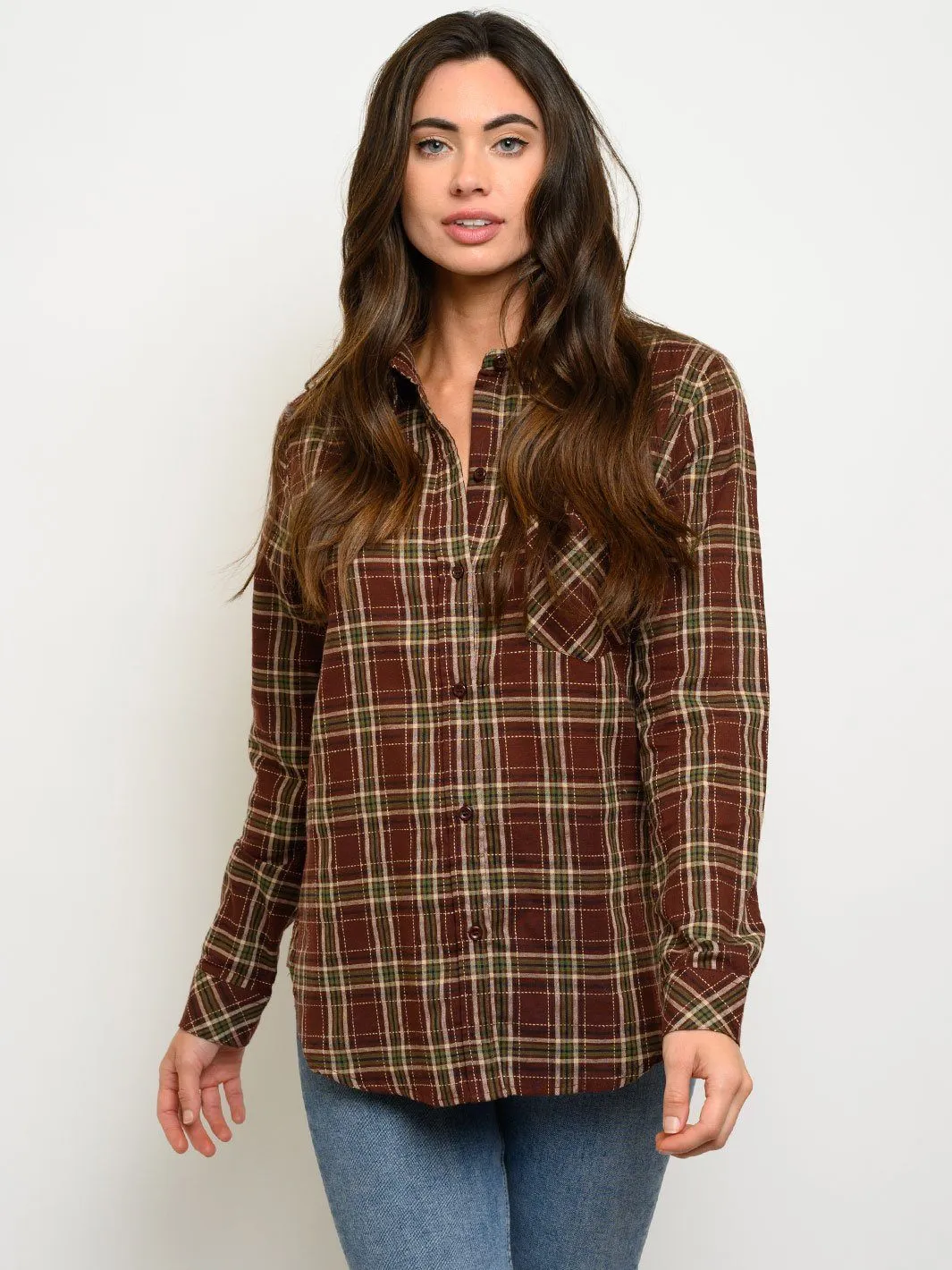 WOMEN'S LONG SLEEVE BUTTON UP PLAID TOP