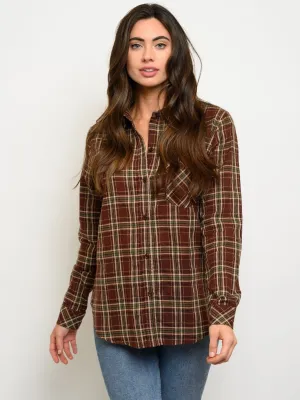 WOMEN'S LONG SLEEVE BUTTON UP PLAID TOP