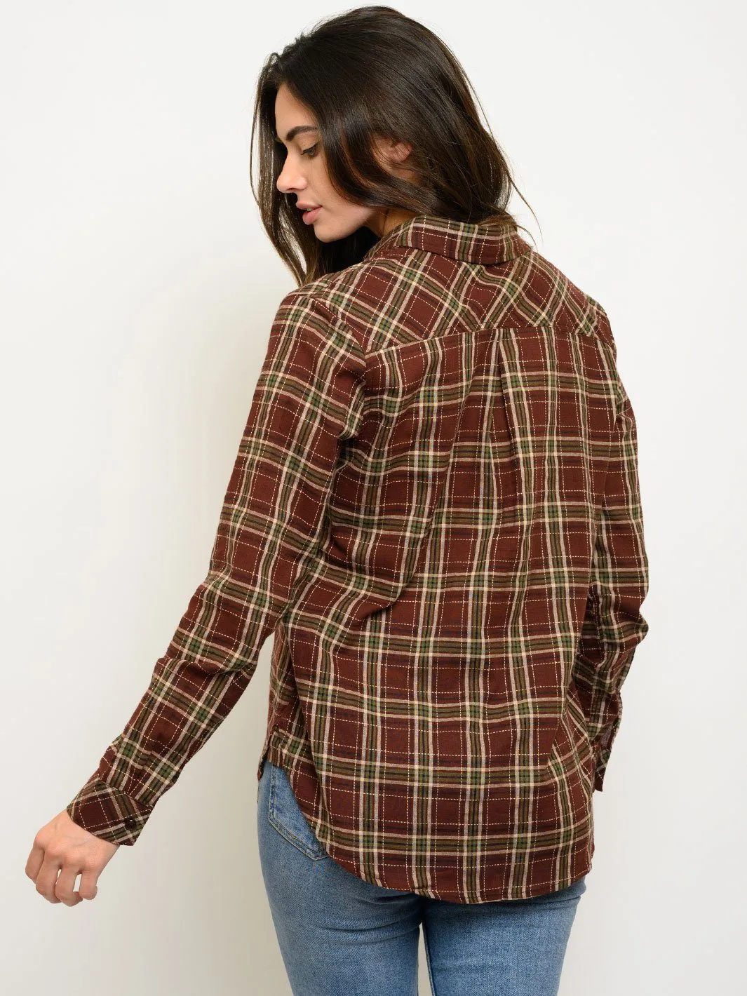 WOMEN'S LONG SLEEVE BUTTON UP PLAID TOP