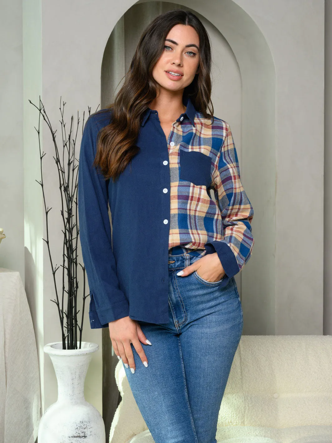 WOMEN'S LONG SLEEVE BUTTON UP SOLID PLAID CONTRAST TOP