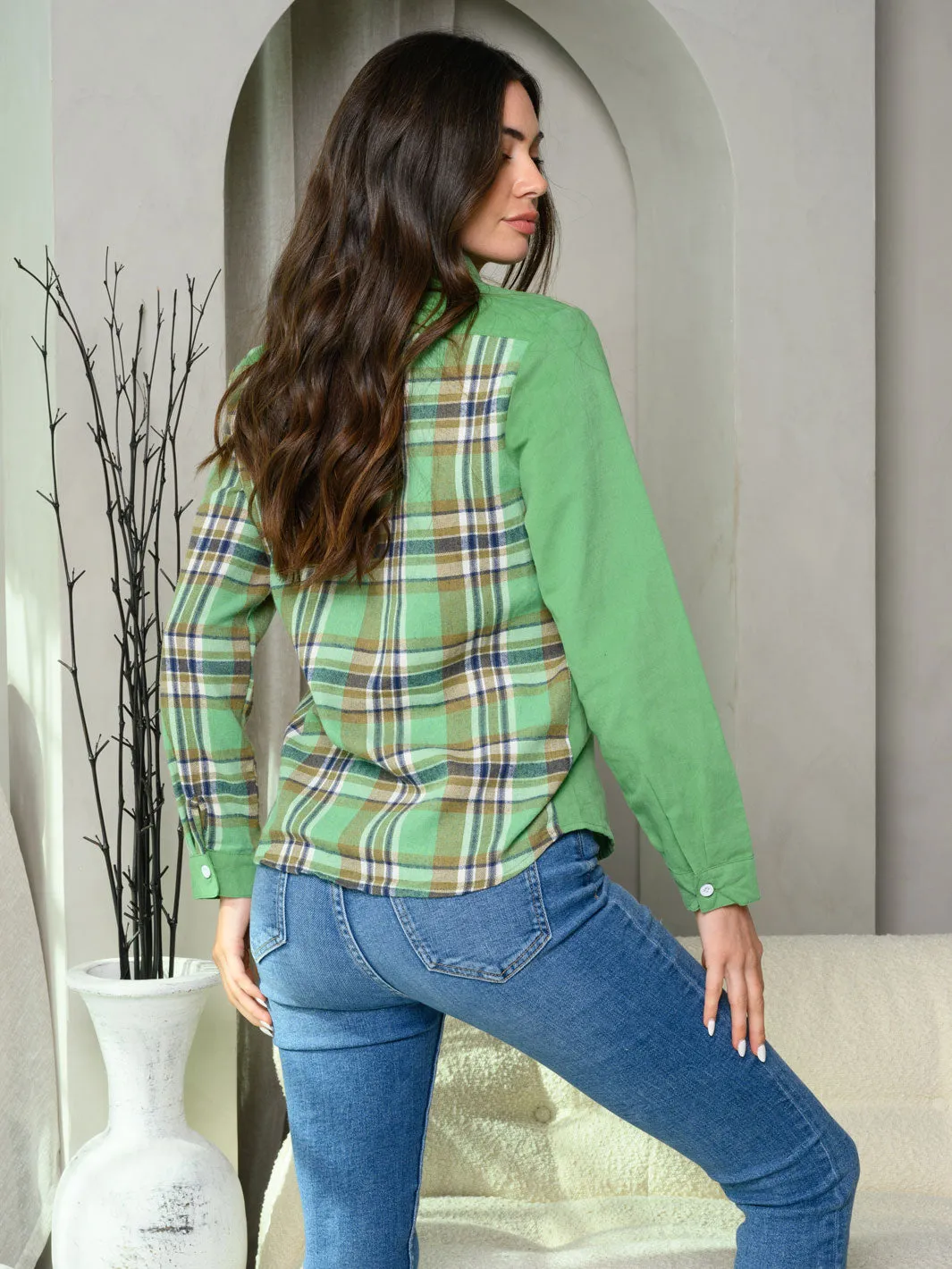 WOMEN'S LONG SLEEVE BUTTON UP SOLID PLAID CONTRAST TOP