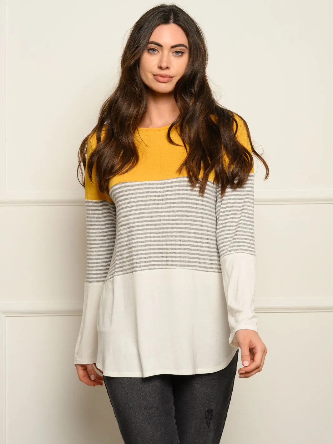 WOMEN'S LONG SLEEVE COLOR BLOCK TUNIC TOP