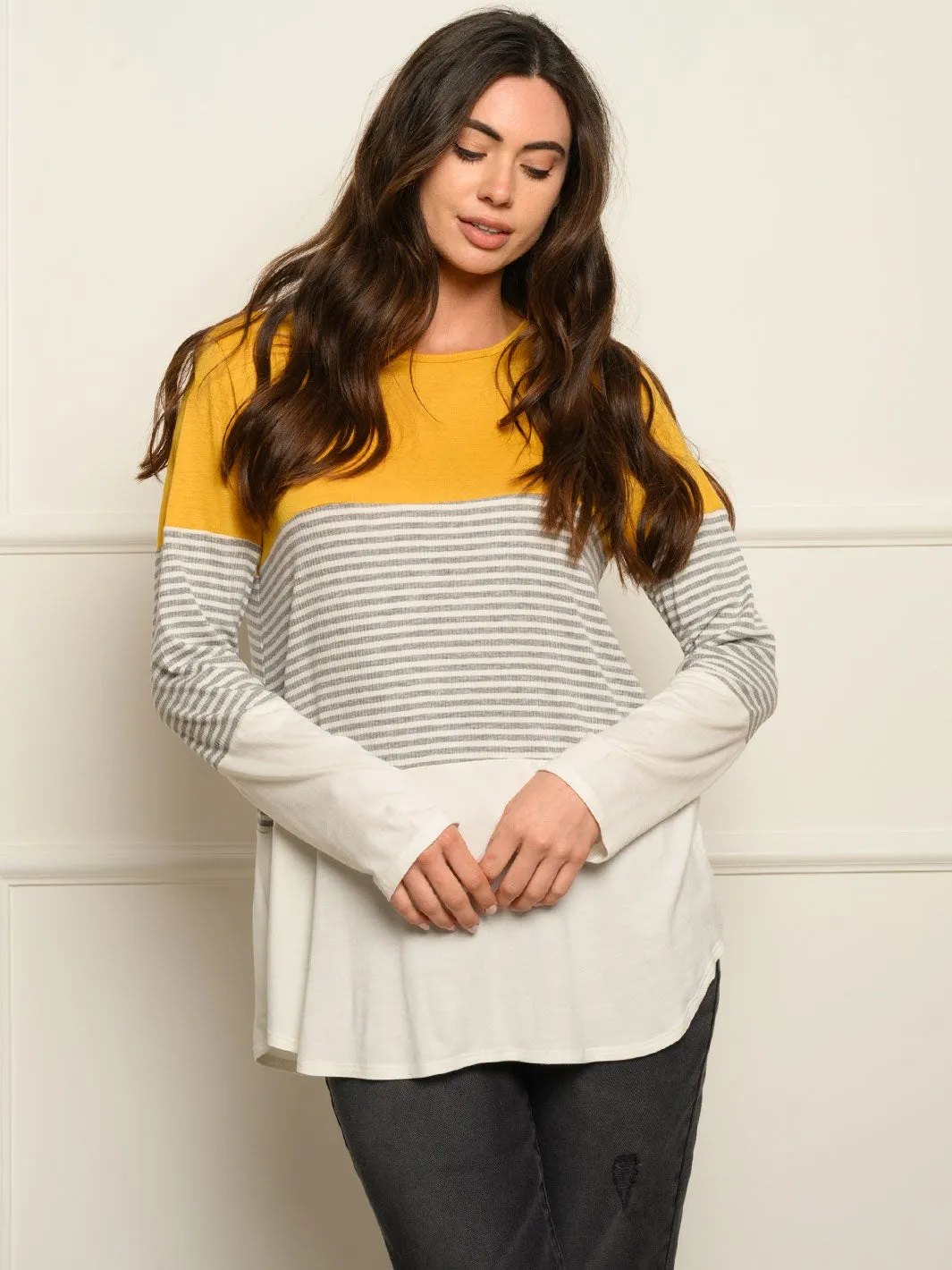WOMEN'S LONG SLEEVE COLOR BLOCK TUNIC TOP