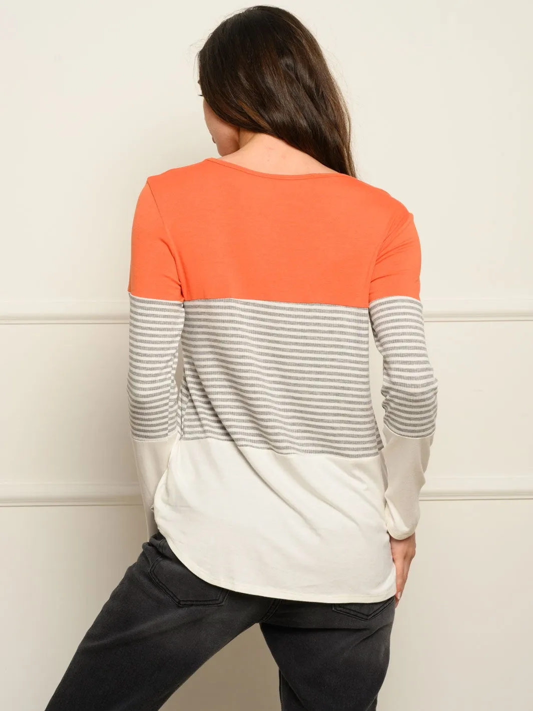 WOMEN'S LONG SLEEVE COLOR BLOCK TUNIC TOP