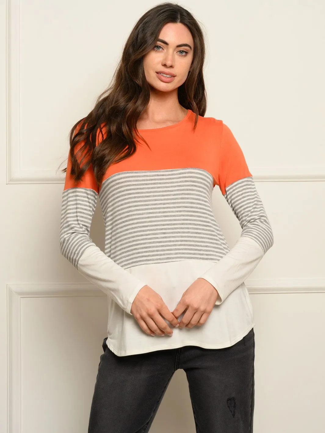 WOMEN'S LONG SLEEVE COLOR BLOCK TUNIC TOP