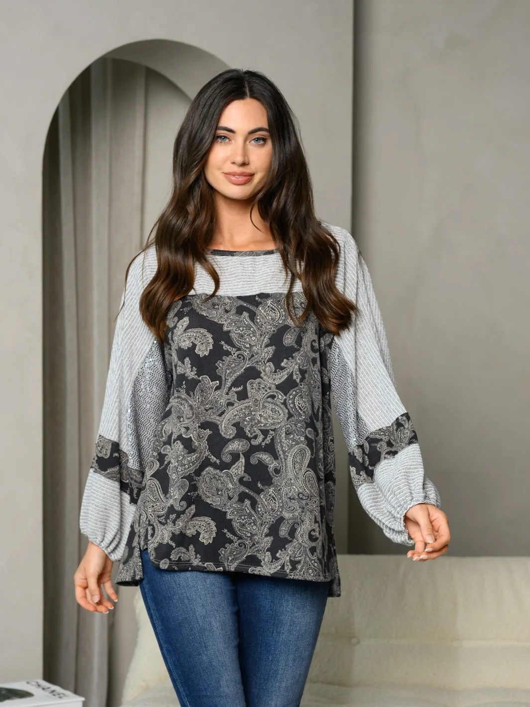 WOMEN'S LONG SLEEVE COLORBLOCK PRINT TUNIC TOP