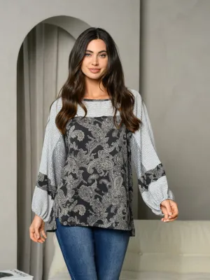 WOMEN'S LONG SLEEVE COLORBLOCK PRINT TUNIC TOP