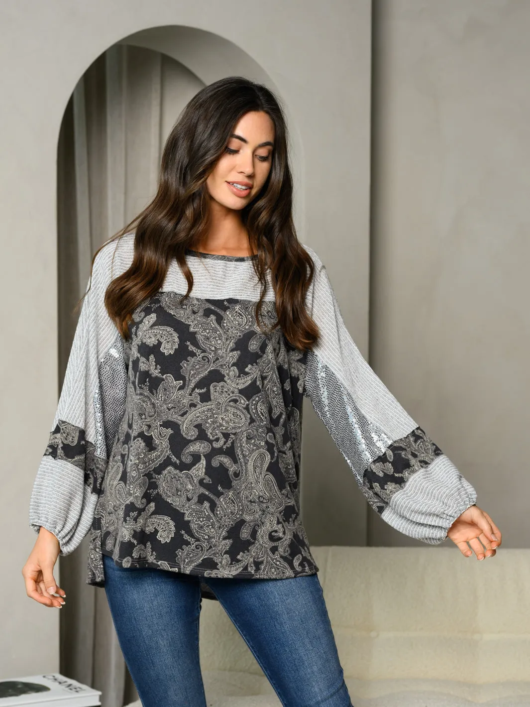 WOMEN'S LONG SLEEVE COLORBLOCK PRINT TUNIC TOP