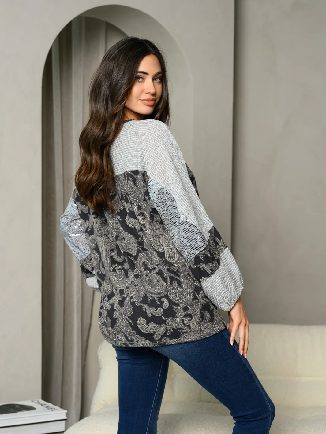 WOMEN'S LONG SLEEVE COLORBLOCK PRINT TUNIC TOP