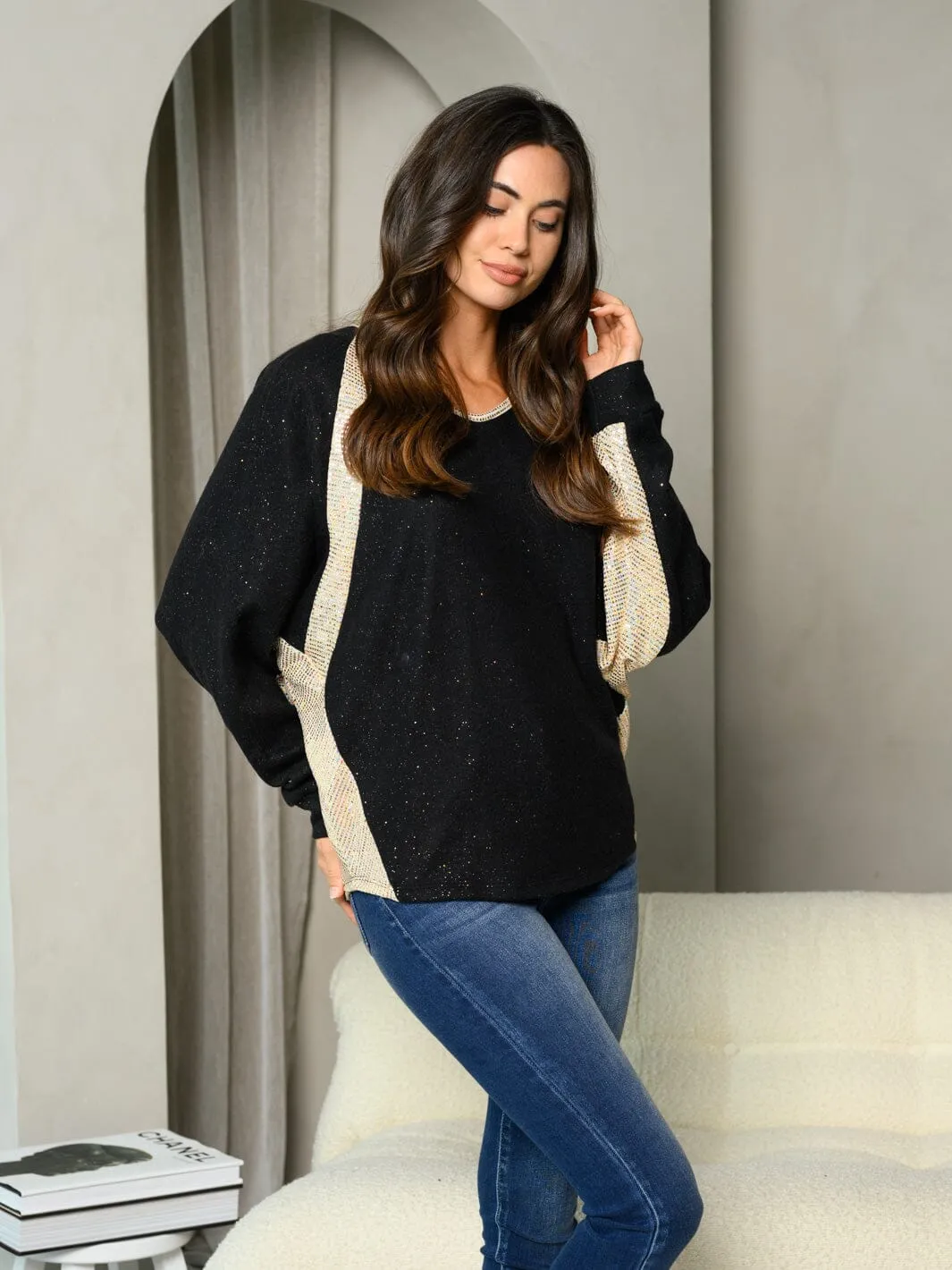 WOMEN'S LONG SLEEVE COLORBLOCK SHIMMER TUNIC TOP