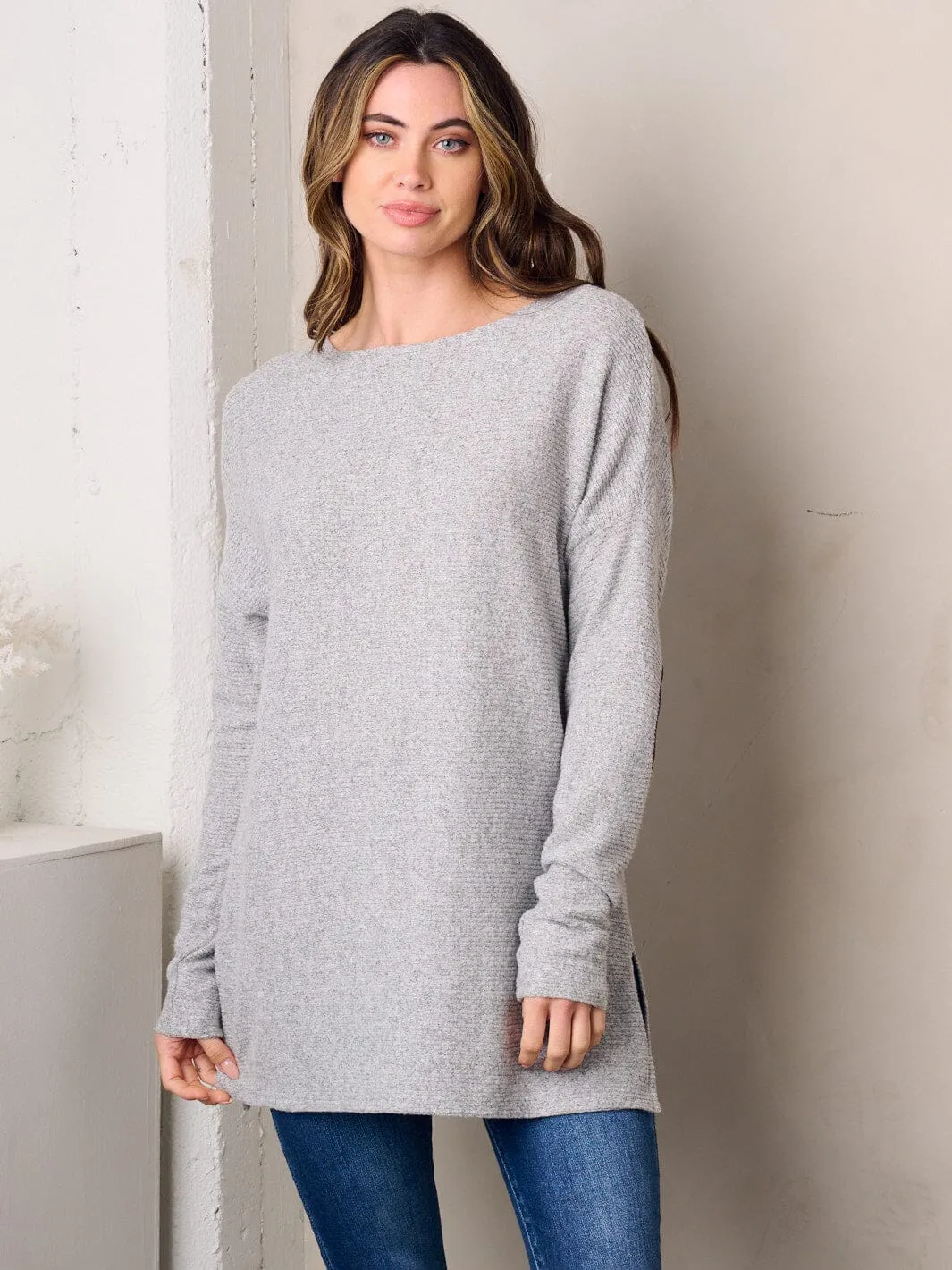 WOMEN'S LONG SLEEVE ELBOW PATCH TUNIC TOP