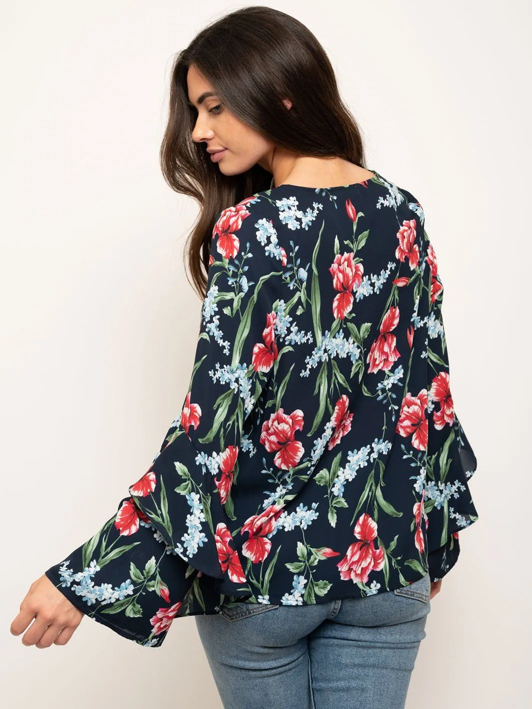 WOMEN'S LONG SLEEVE FLORAL PRINT W/ FRONT TIE TOP