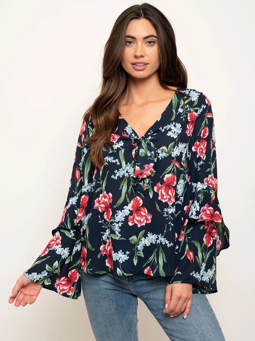WOMEN'S LONG SLEEVE FLORAL PRINT W/ FRONT TIE TOP