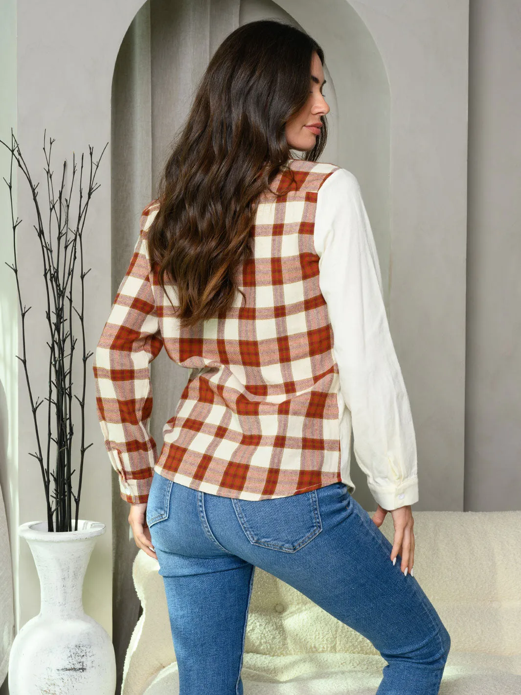 WOMEN'S LONG SLEEVE FRONT POCKET BUTTON UP SOLID PLAID CONTRAST TOP