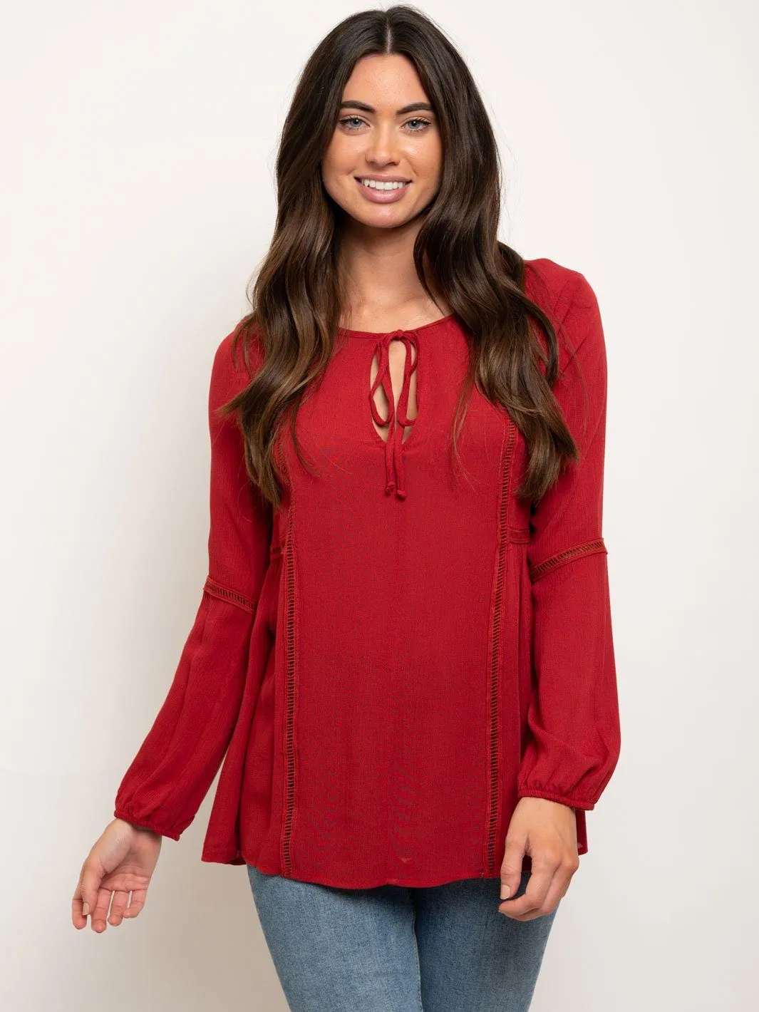 WOMEN'S LONG SLEEVE FRONT TIE DETAIL TOP