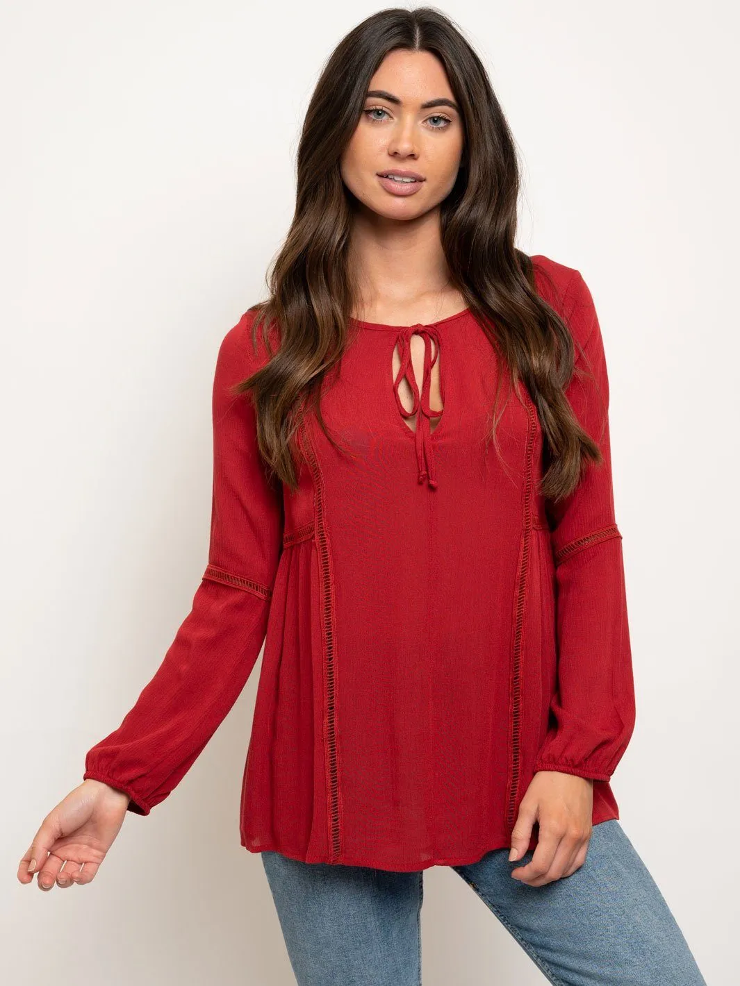 WOMEN'S LONG SLEEVE FRONT TIE DETAIL TOP