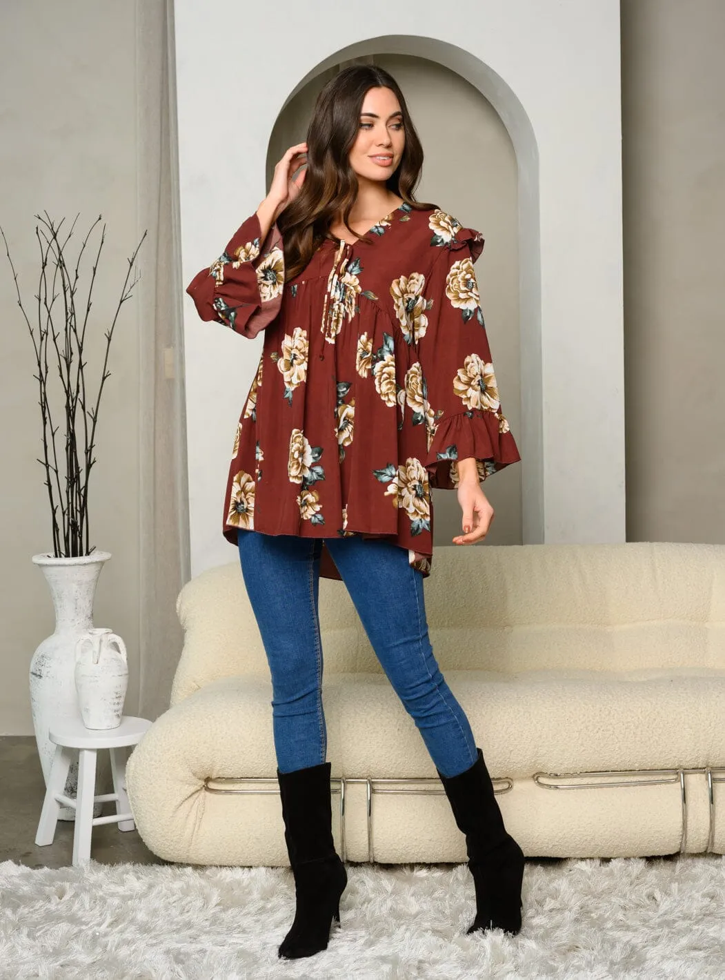 WOMEN'S LONG SLEEVE FRONT TIE FLORAL PRINT TUNIC TOP