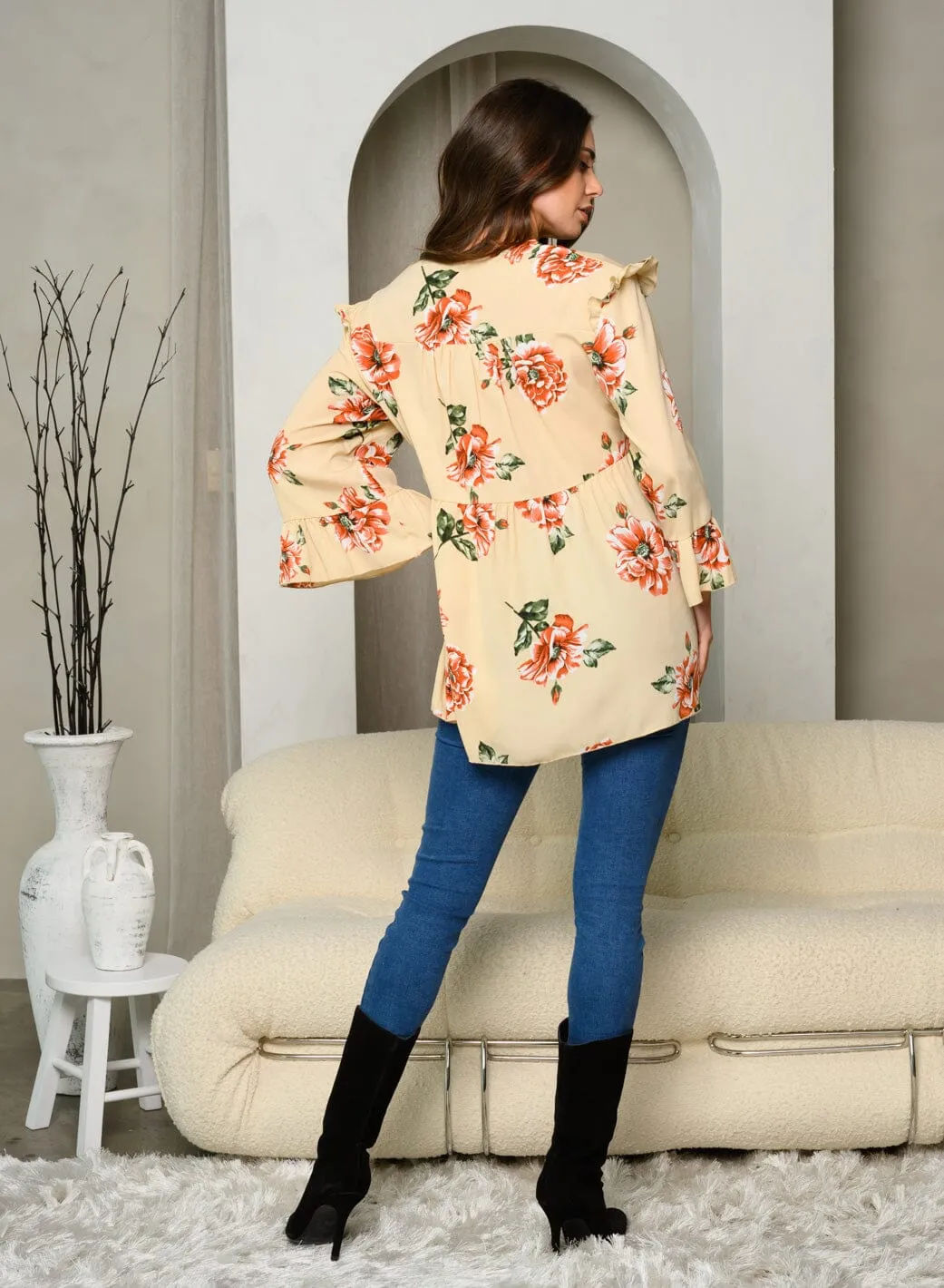 WOMEN'S LONG SLEEVE FRONT TIE FLORAL PRINT TUNIC TOP