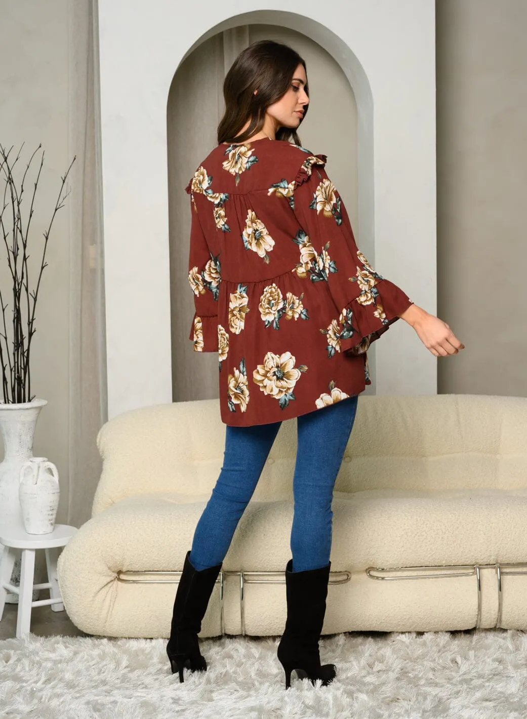 WOMEN'S LONG SLEEVE FRONT TIE FLORAL PRINT TUNIC TOP