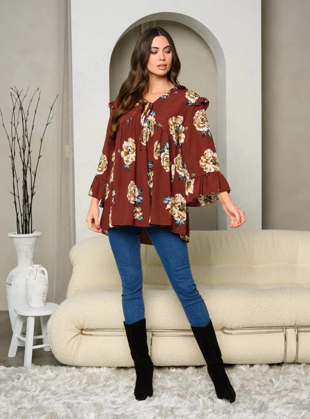 WOMEN'S LONG SLEEVE FRONT TIE FLORAL PRINT TUNIC TOP