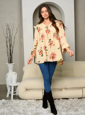 WOMEN'S LONG SLEEVE FRONT TIE FLORAL PRINT TUNIC TOP