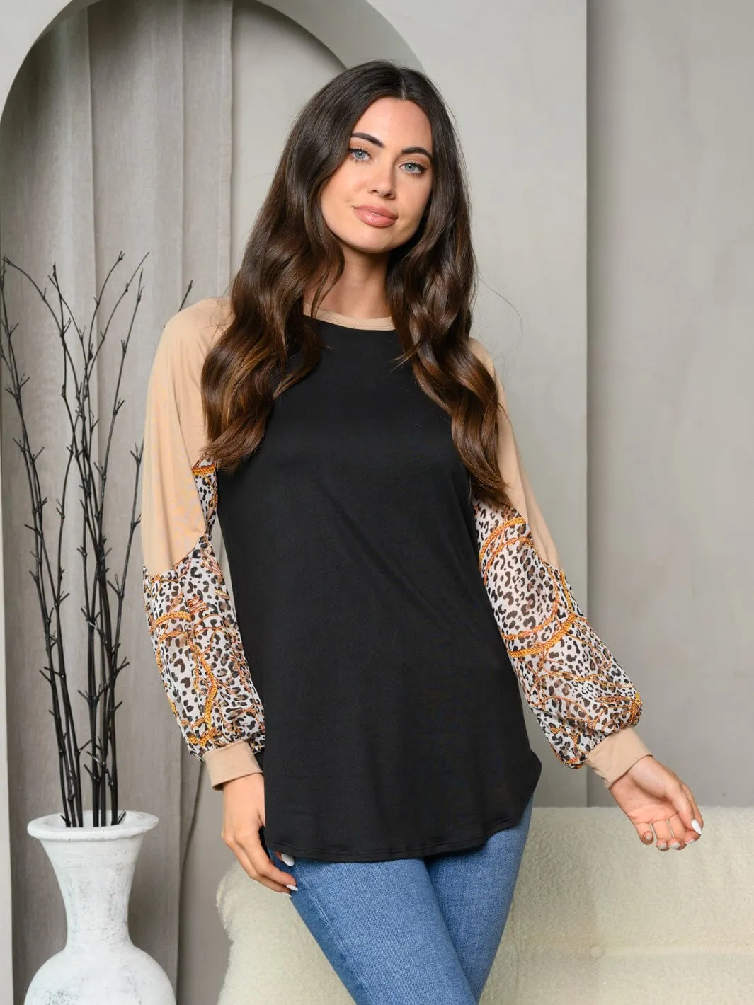 WOMEN'S LONG SLEEVE LEOPARD & CHAIN PRINT TOP