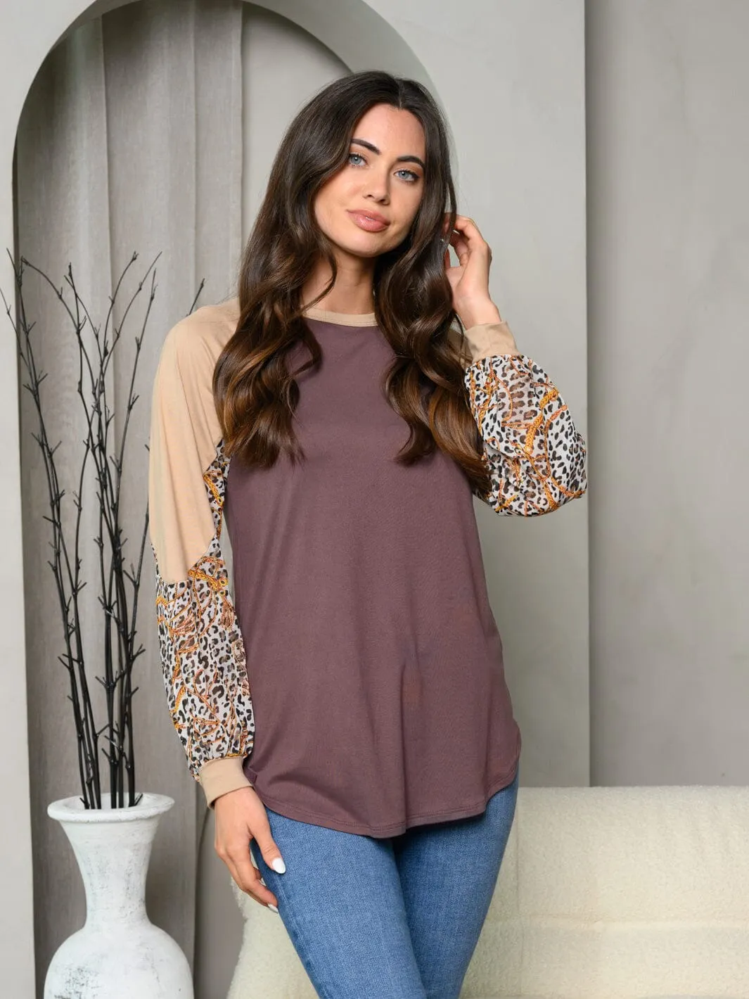 WOMEN'S LONG SLEEVE LEOPARD & CHAIN PRINT TOP