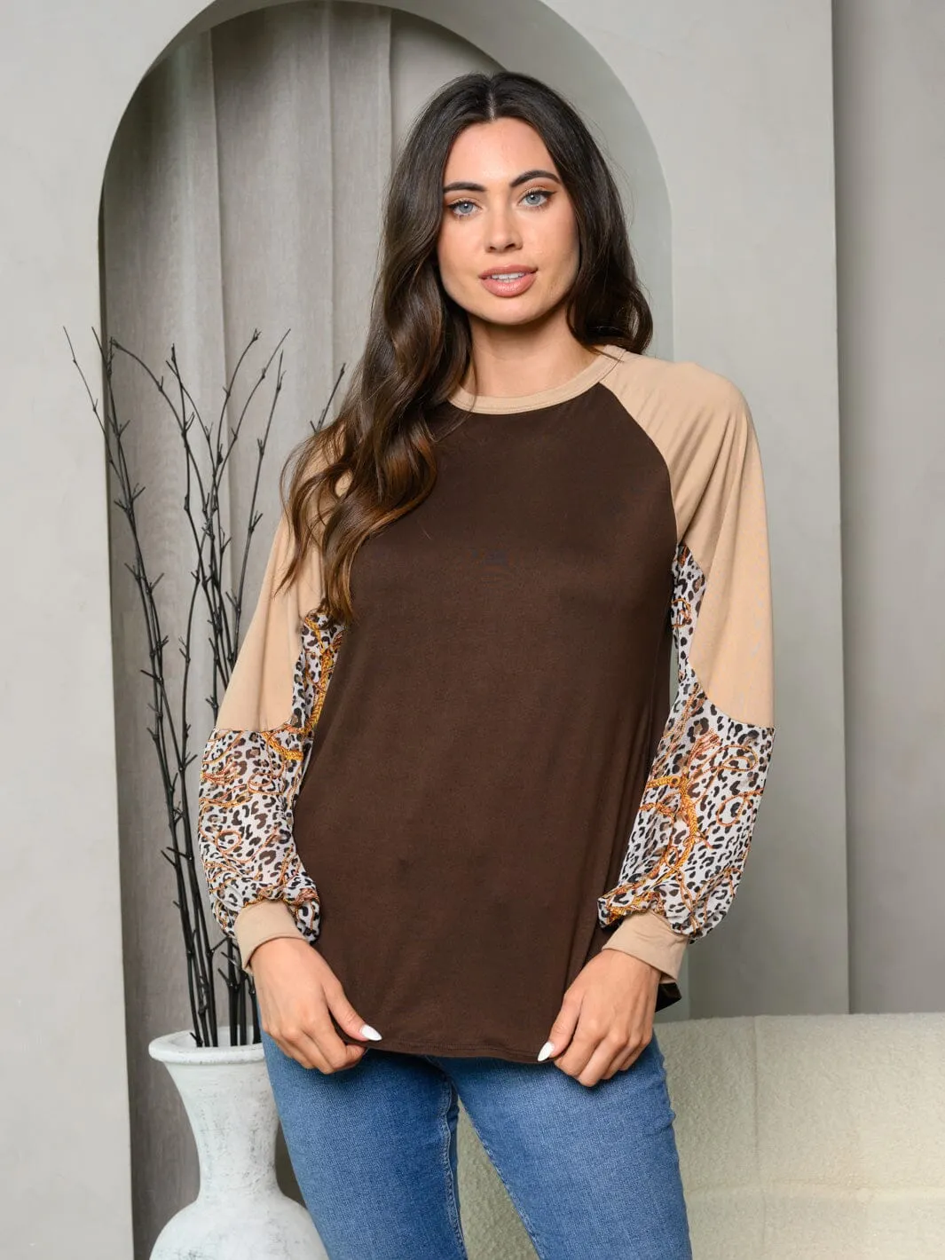 WOMEN'S LONG SLEEVE LEOPARD & CHAIN PRINT TOP