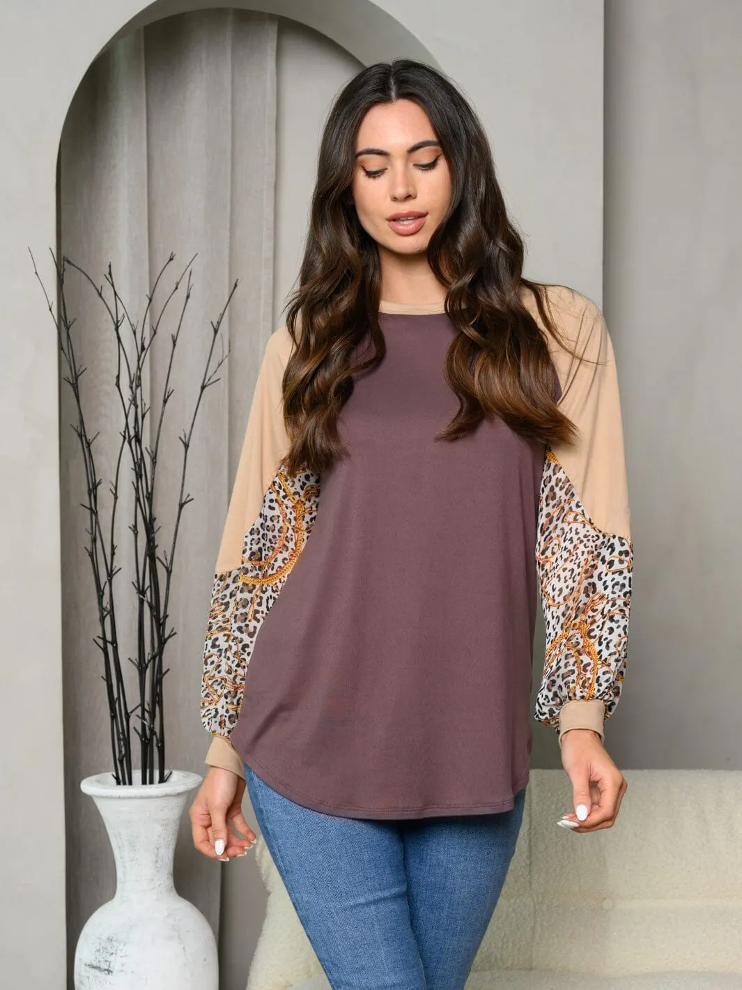 WOMEN'S LONG SLEEVE LEOPARD & CHAIN PRINT TOP