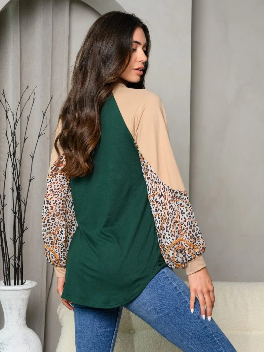 WOMEN'S LONG SLEEVE LEOPARD & CHAIN PRINT TOP