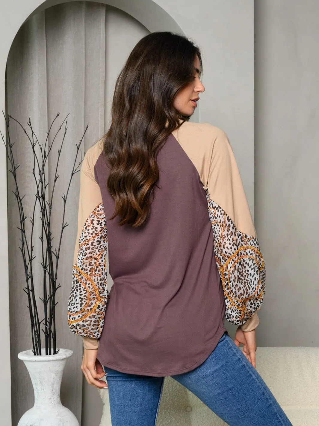 WOMEN'S LONG SLEEVE LEOPARD & CHAIN PRINT TOP
