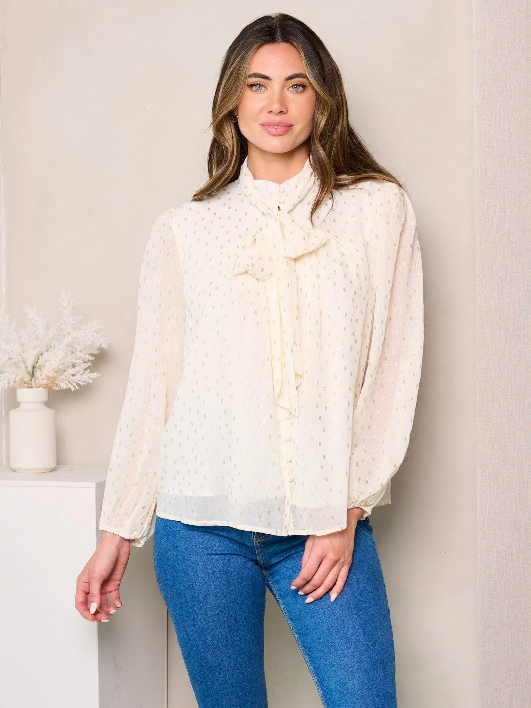 WOMEN'S LONG SLEEVE NECK TIE SHIMMER DETAILED BLOUSE TOP