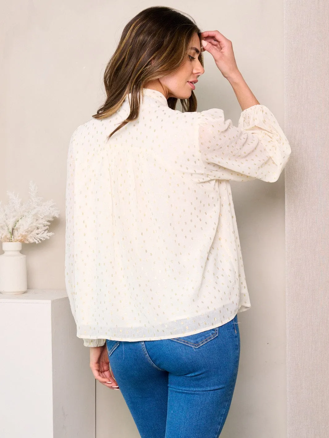 WOMEN'S LONG SLEEVE NECK TIE SHIMMER DETAILED BLOUSE TOP
