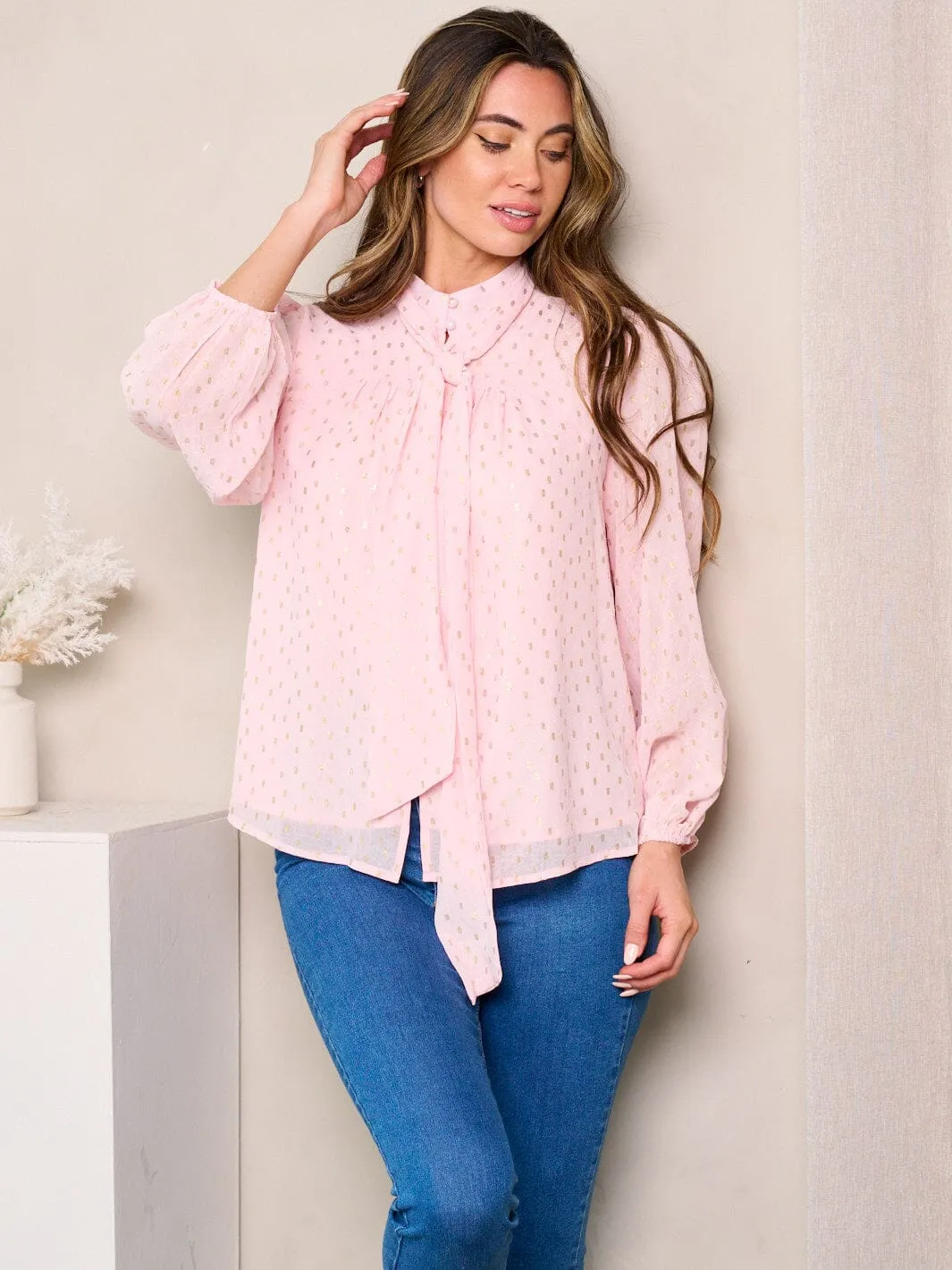 WOMEN'S LONG SLEEVE NECK TIE SHIMMER DETAILED BLOUSE TOP
