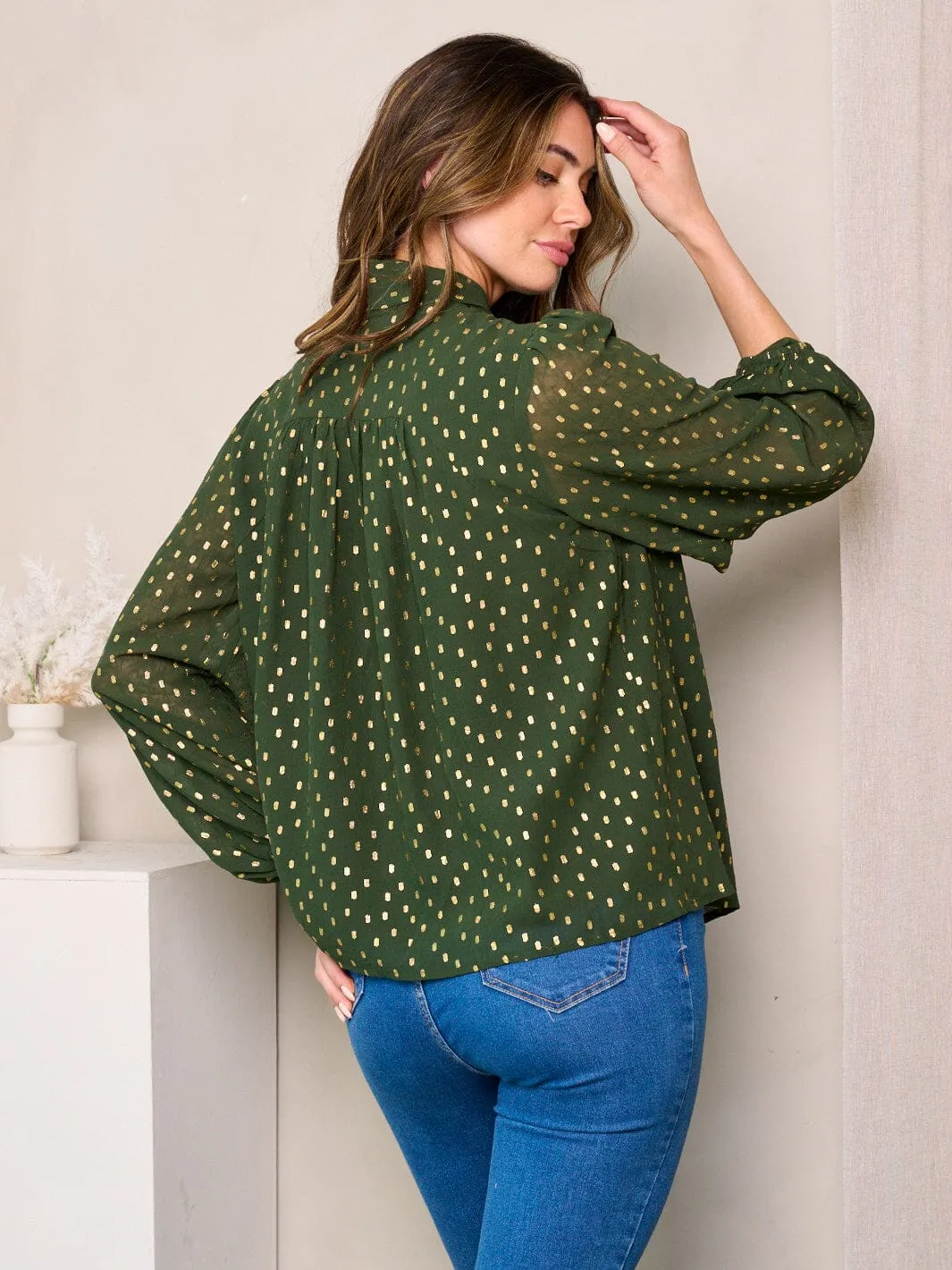 WOMEN'S LONG SLEEVE NECK TIE SHIMMER DETAILED BLOUSE TOP