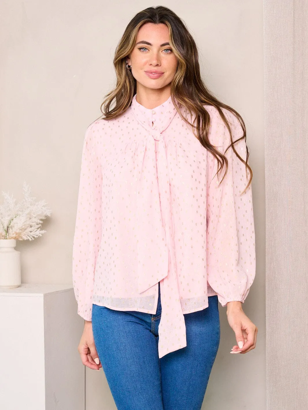 WOMEN'S LONG SLEEVE NECK TIE SHIMMER DETAILED BLOUSE TOP