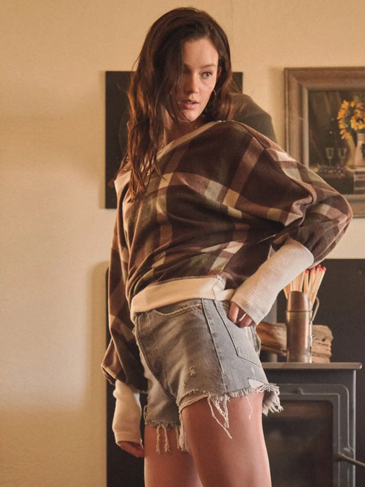 WOMEN'S LONG SLEEVE OFF SHOULDER COLORBLOCK PLAID TOP