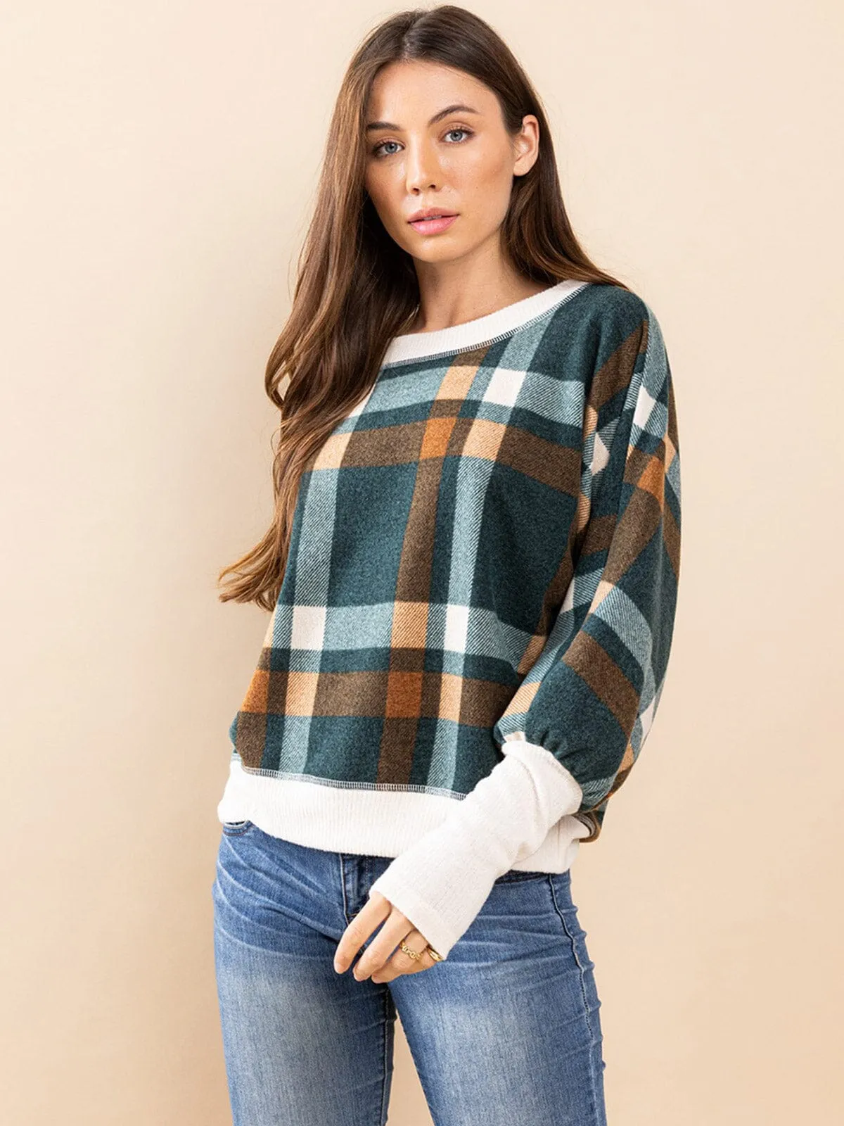 WOMEN'S LONG SLEEVE OFF SHOULDER COLORBLOCK PLAID TOP