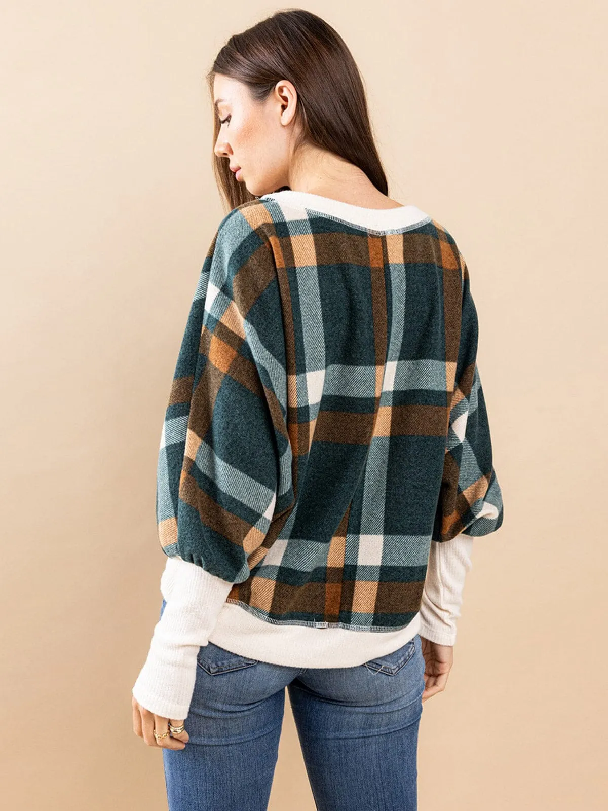 WOMEN'S LONG SLEEVE OFF SHOULDER COLORBLOCK PLAID TOP
