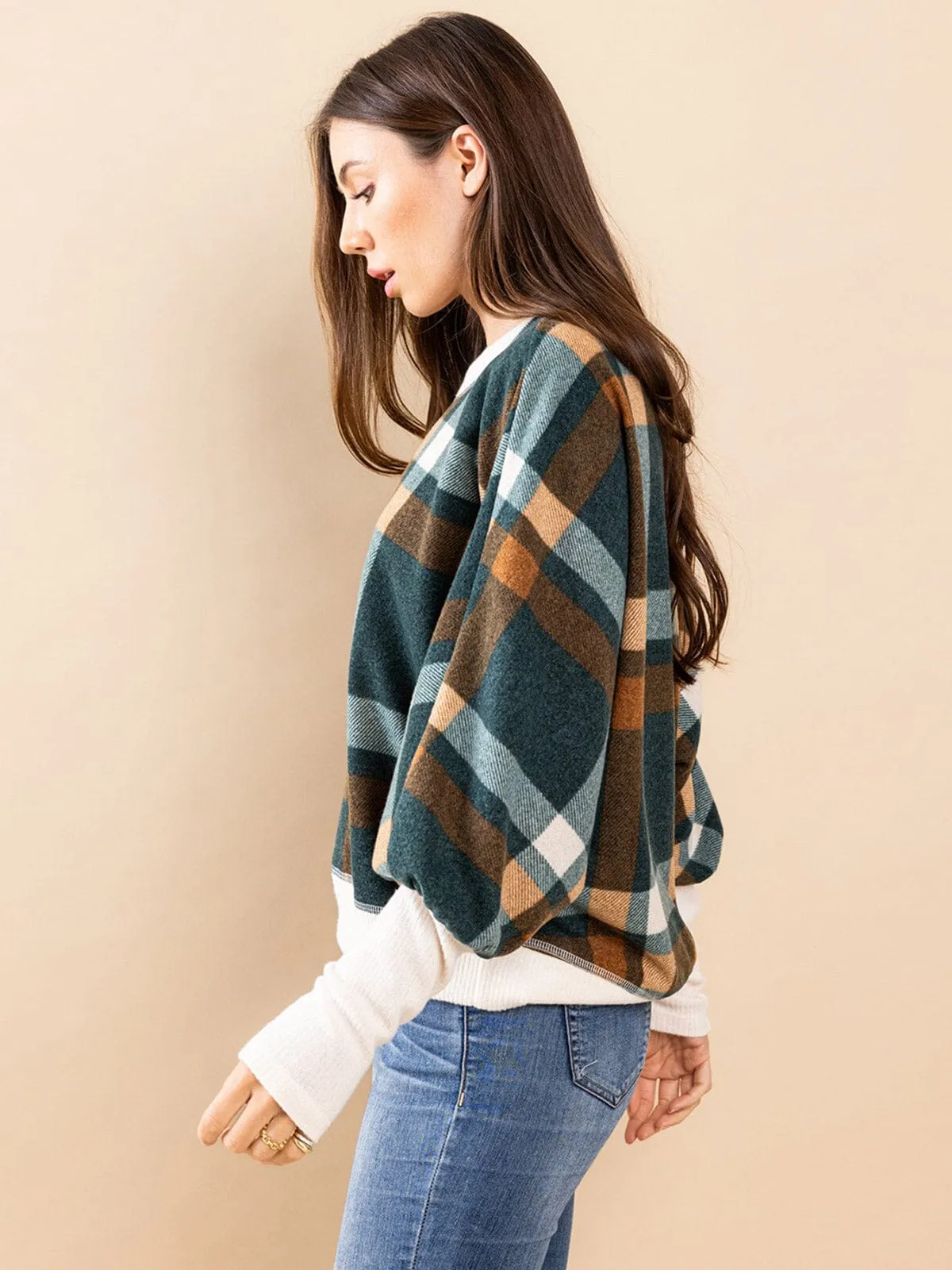 WOMEN'S LONG SLEEVE OFF SHOULDER COLORBLOCK PLAID TOP