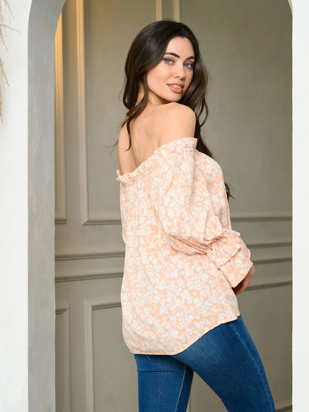 WOMEN'S LONG SLEEVE OFF SHOULDER FLORAL TUNIC TOP