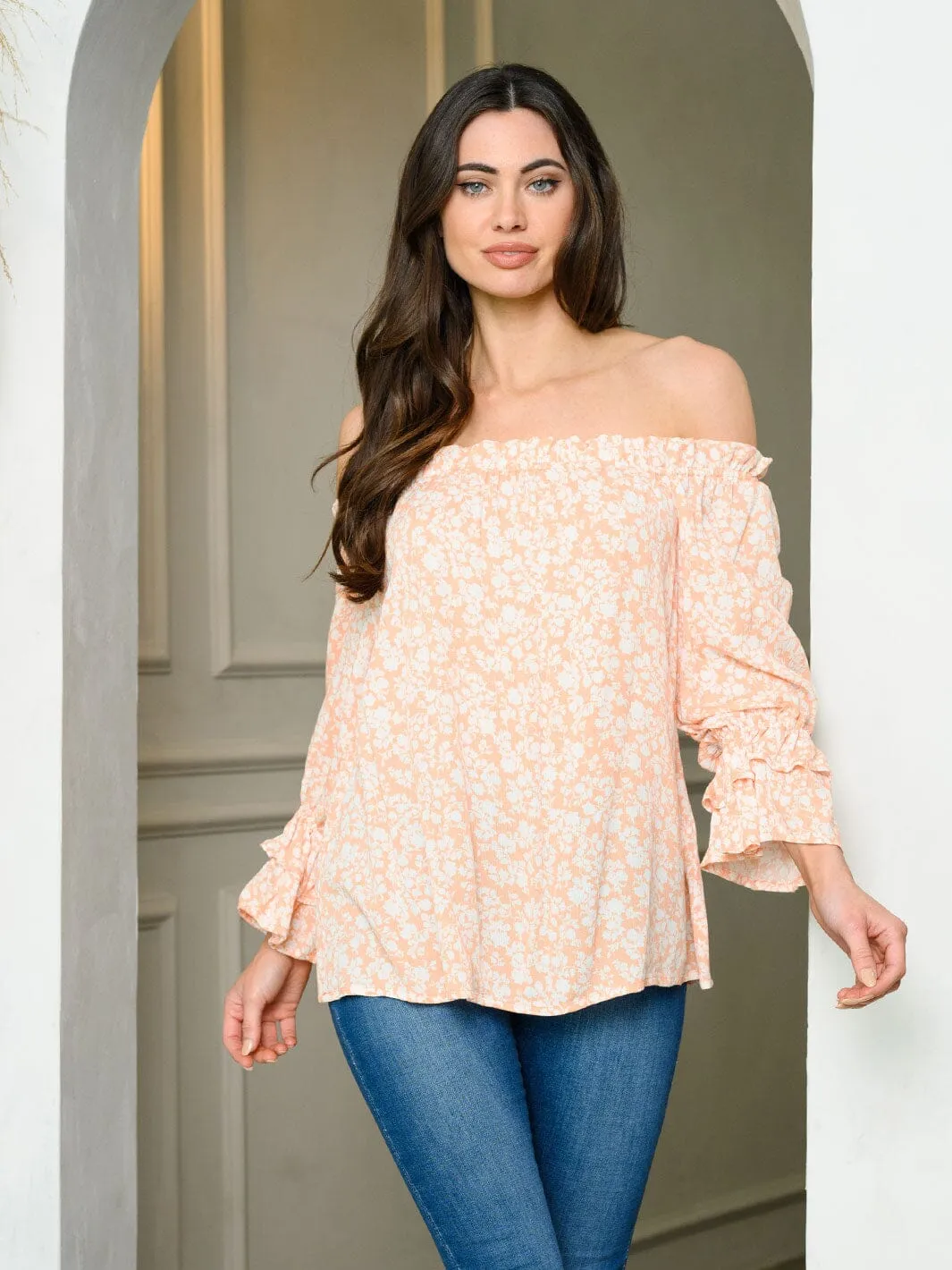 WOMEN'S LONG SLEEVE OFF SHOULDER FLORAL TUNIC TOP